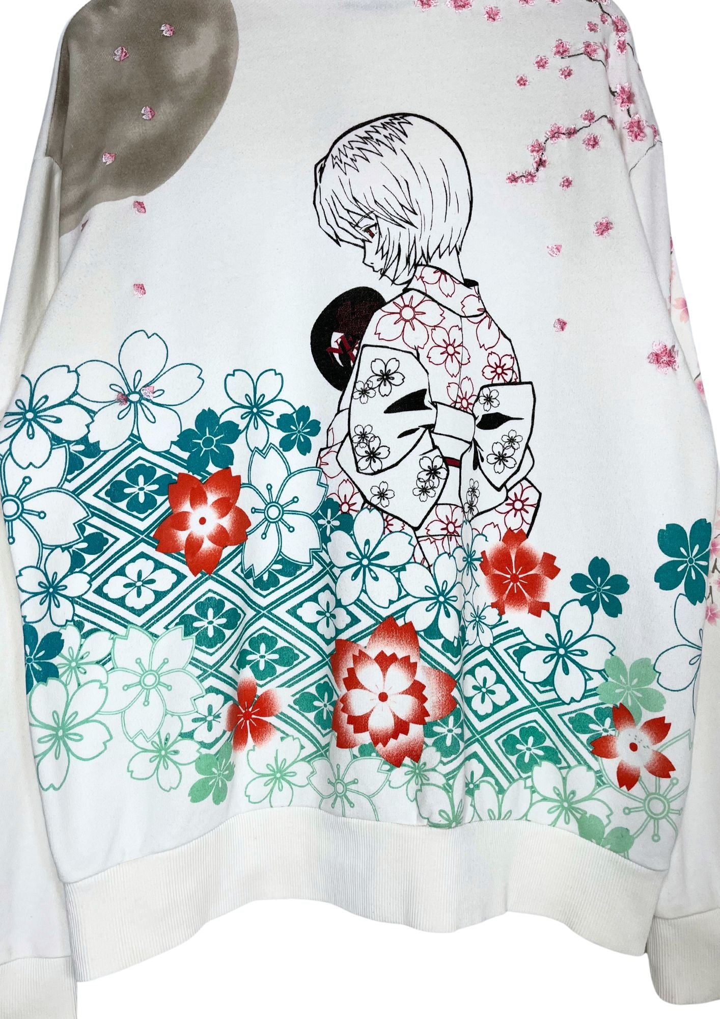 2010s Neon Genesis Evangelion x Nishiki Rei Ayanami Kimono Cherry Blossom Embroidered Hoodie