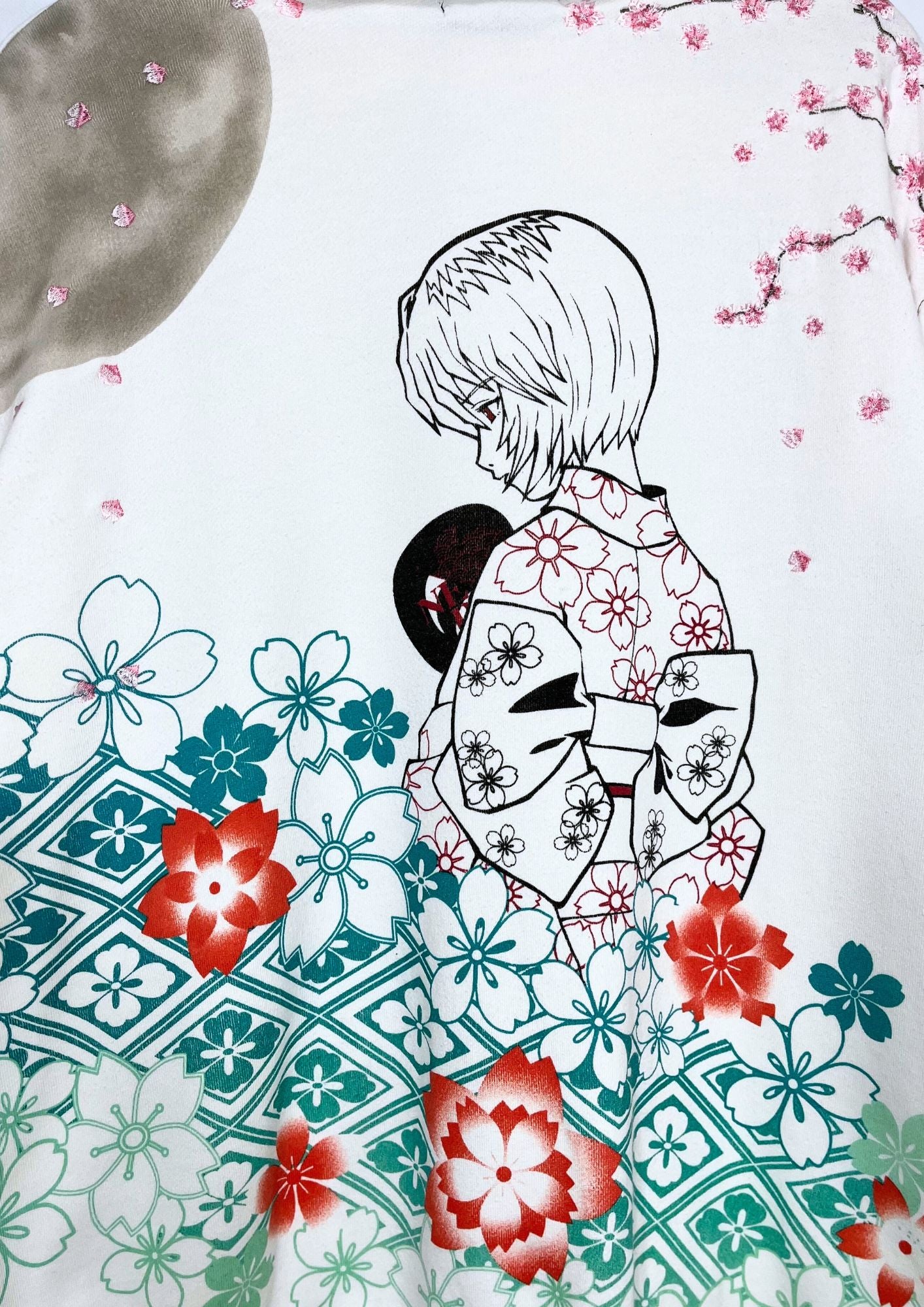 2010s Neon Genesis Evangelion x Nishiki Rei Ayanami Kimono Cherry Blossom Embroidered Hoodie