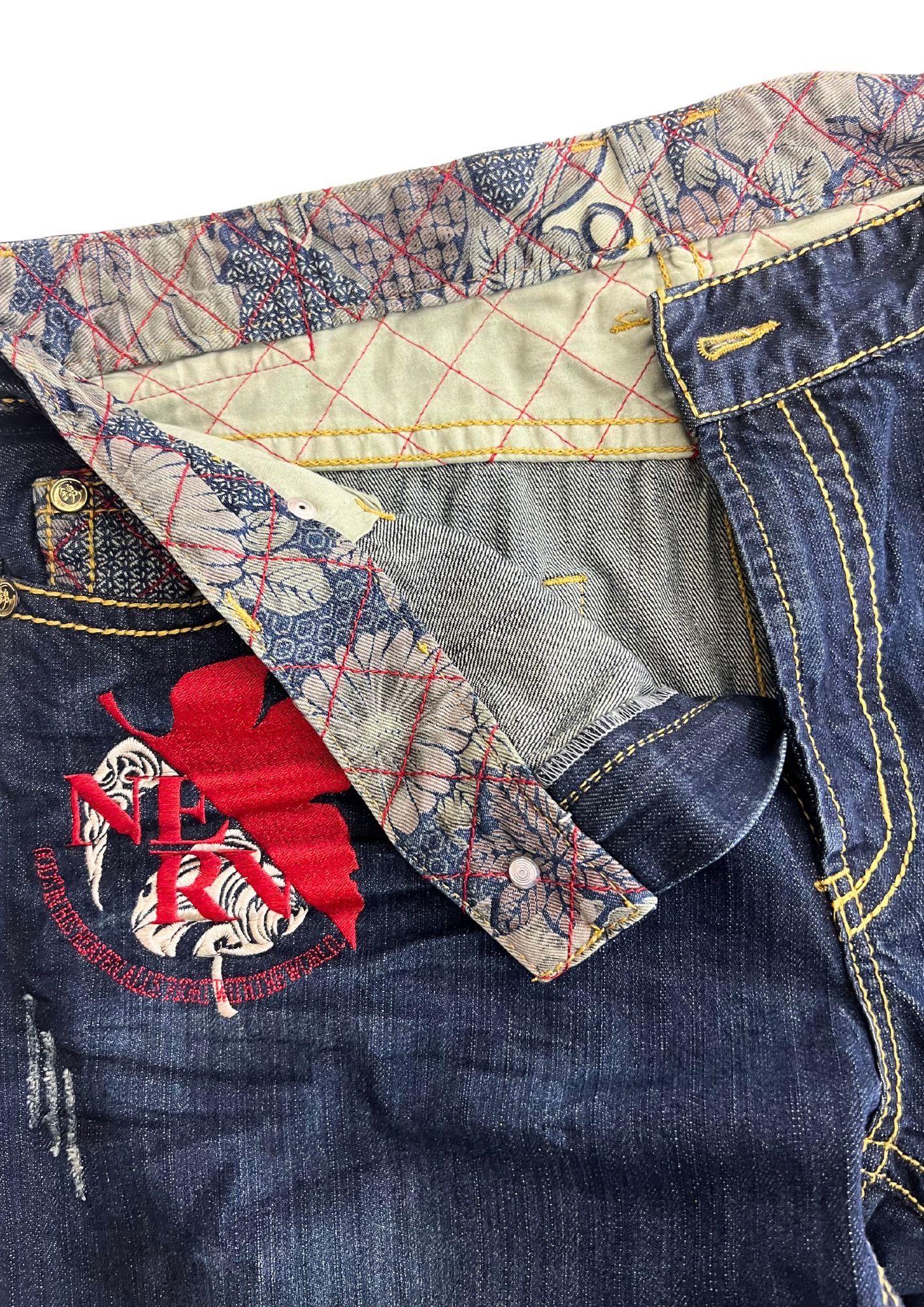 2010s Neon Genesis Evangelion x Nishiki Embroidered Lilith Half Denim Jeans