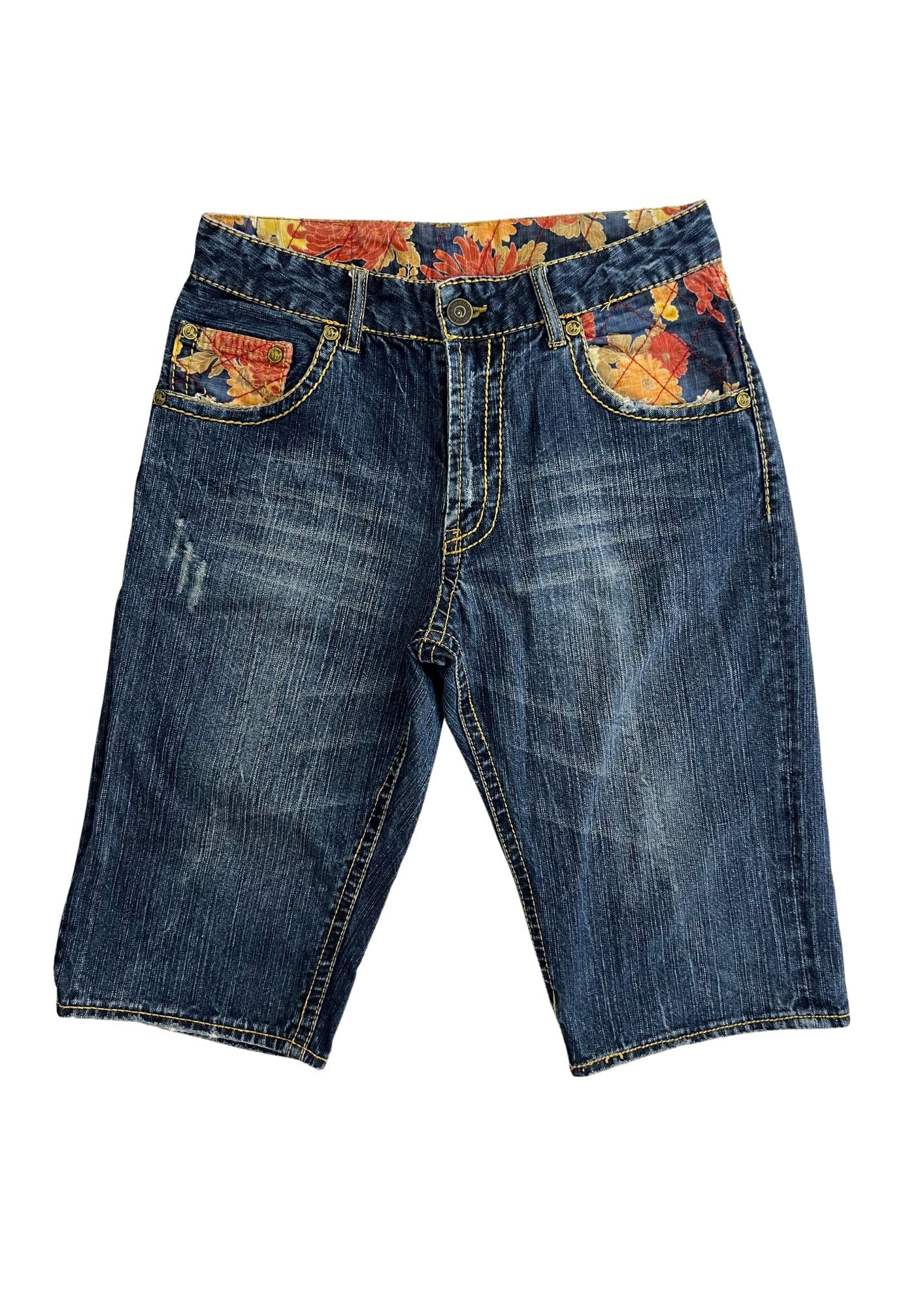 2010s Nishiki Japanese Embroidered Kimono Flower Denim Shorts