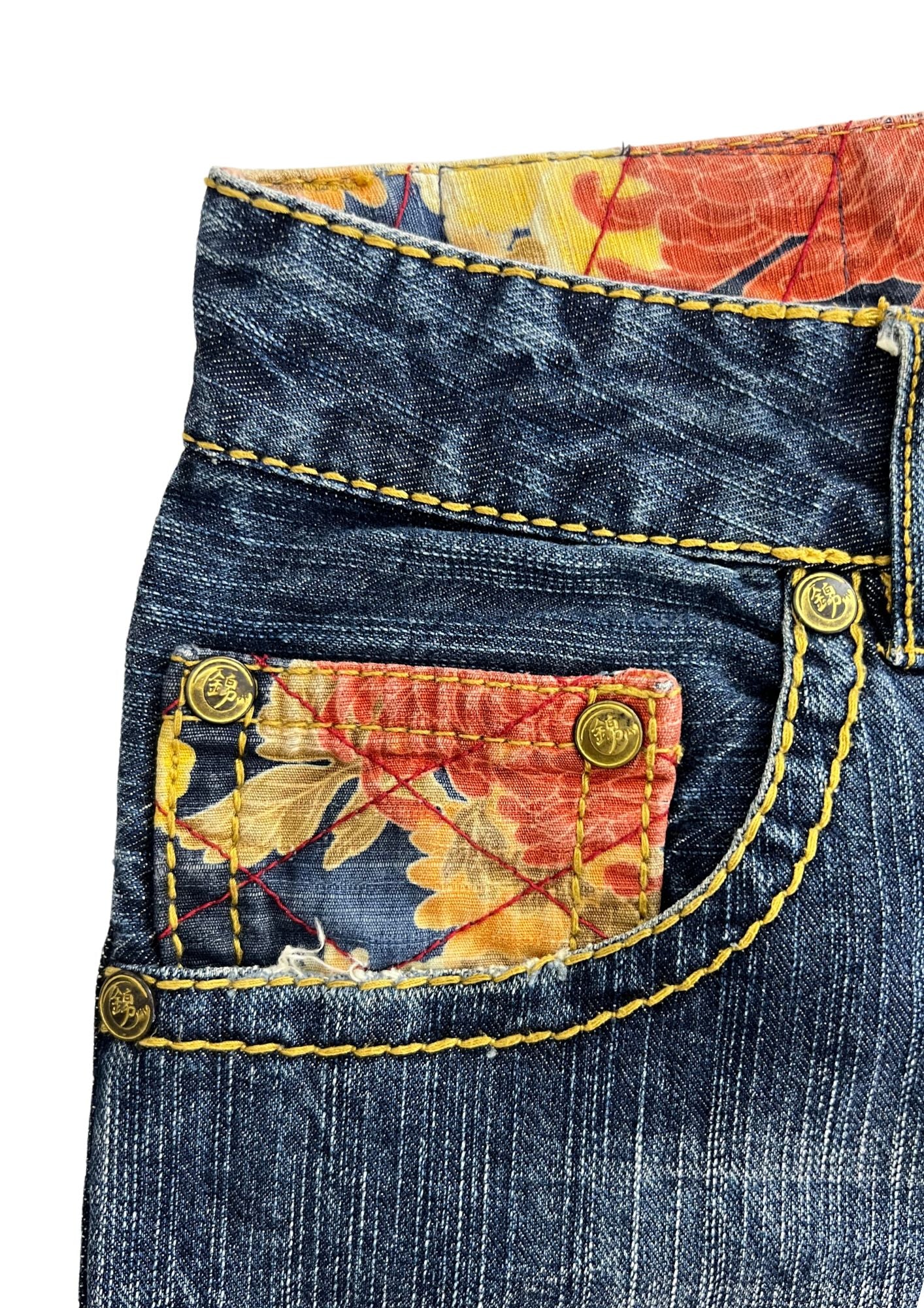 2010s Nishiki Japanese Embroidered Kimono Flower Denim Shorts