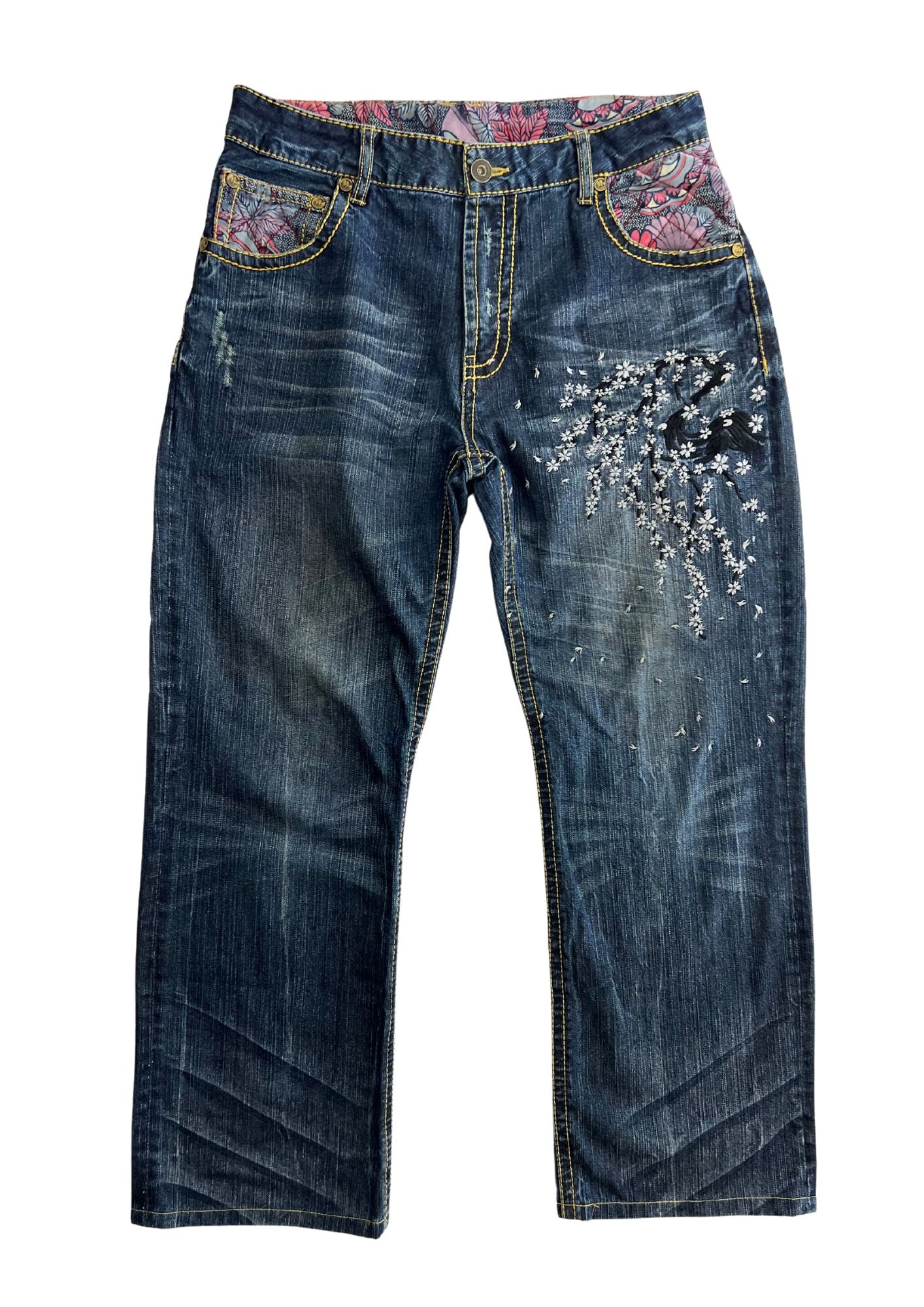 Vintage Nishiki Japanese Cherry Blossom Embroidered Denim Jeans