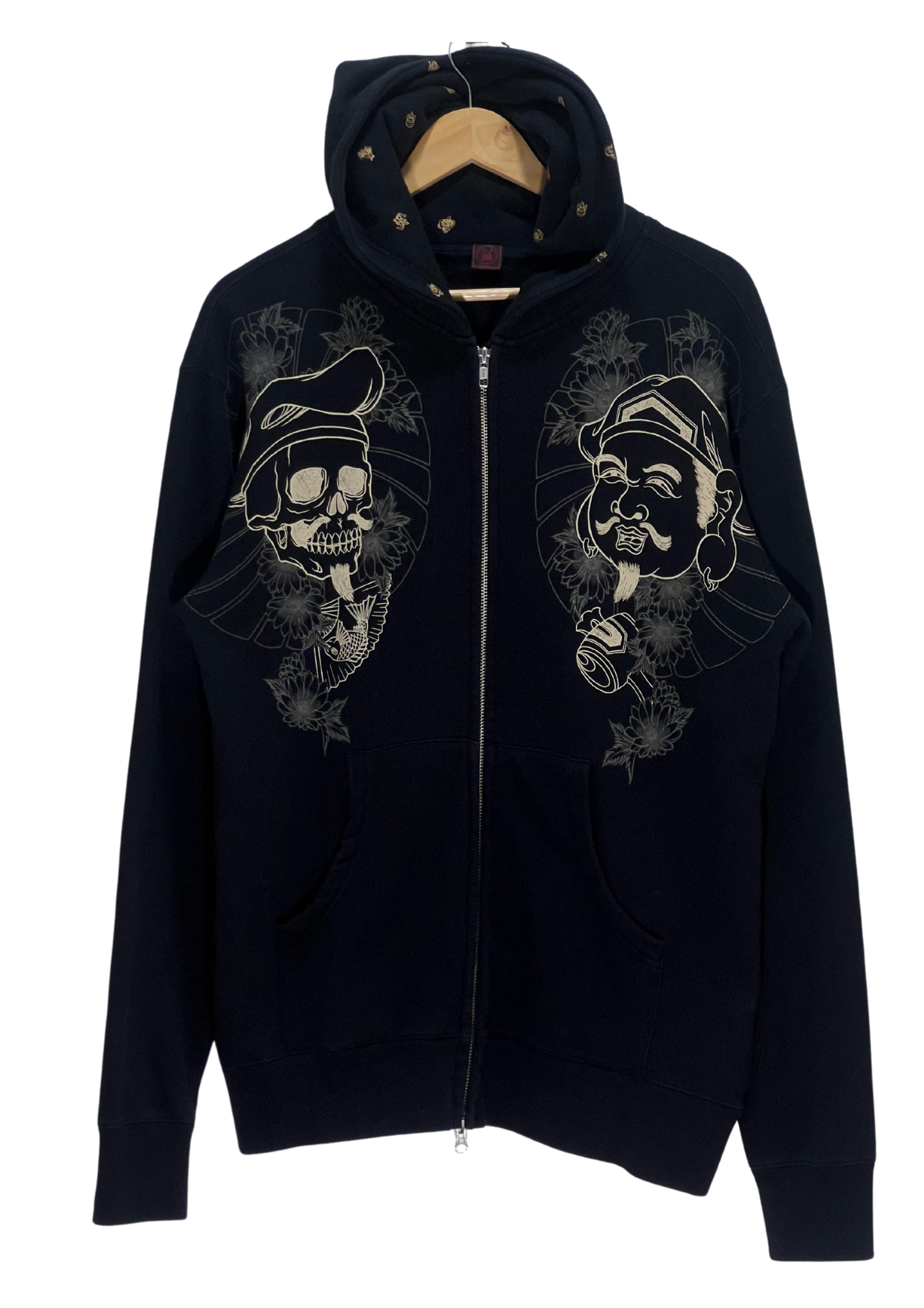 2010s CROPPED HEADS 'Ebisu & Daikoku' Japanese Art Embroidered Zip-Up Hoodie (M-L)