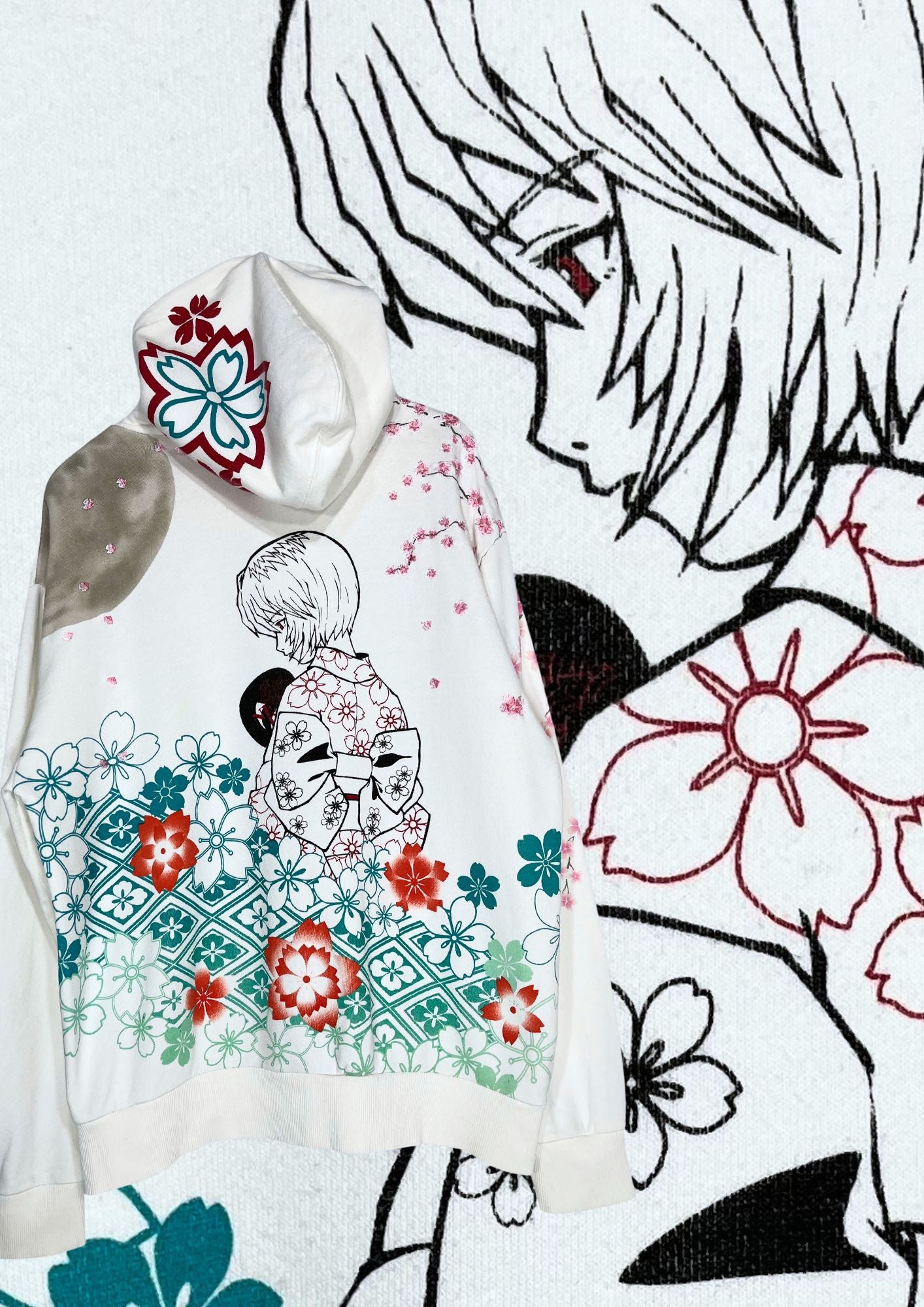 2010s Neon Genesis Evangelion x Nishiki Rei Ayanami Kimono Cherry Blossom Embroidered Hoodie
