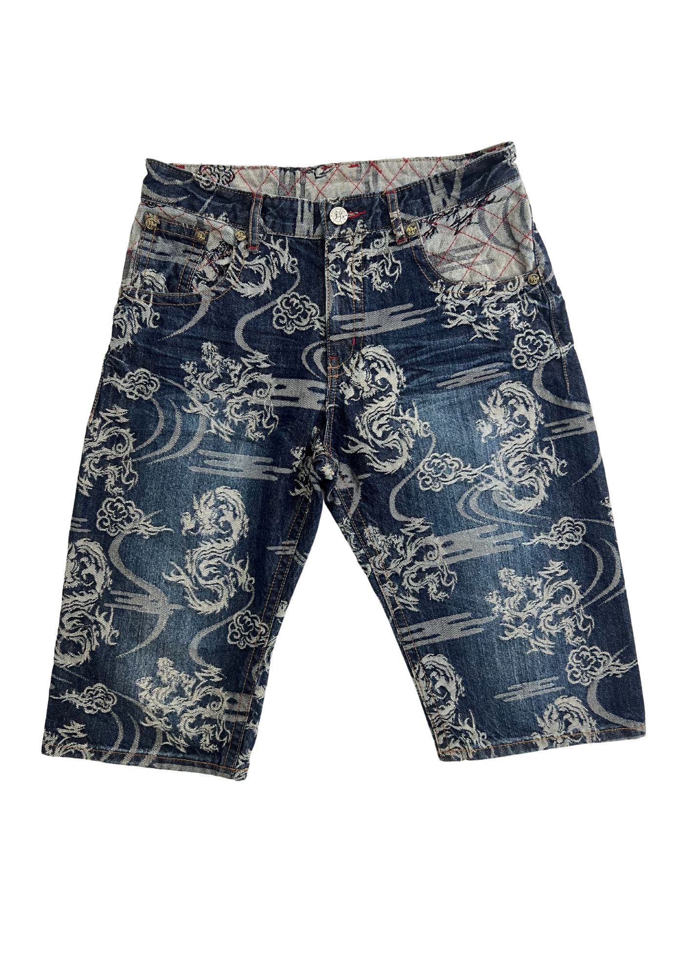2010s Nishiki Japanese Dragon Embroidered Denim Shorts