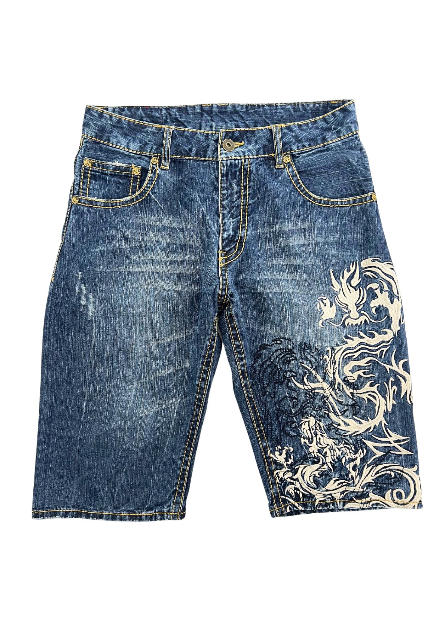 2010s Nishiki Japanese Dragon Embroidered Denim Shorts