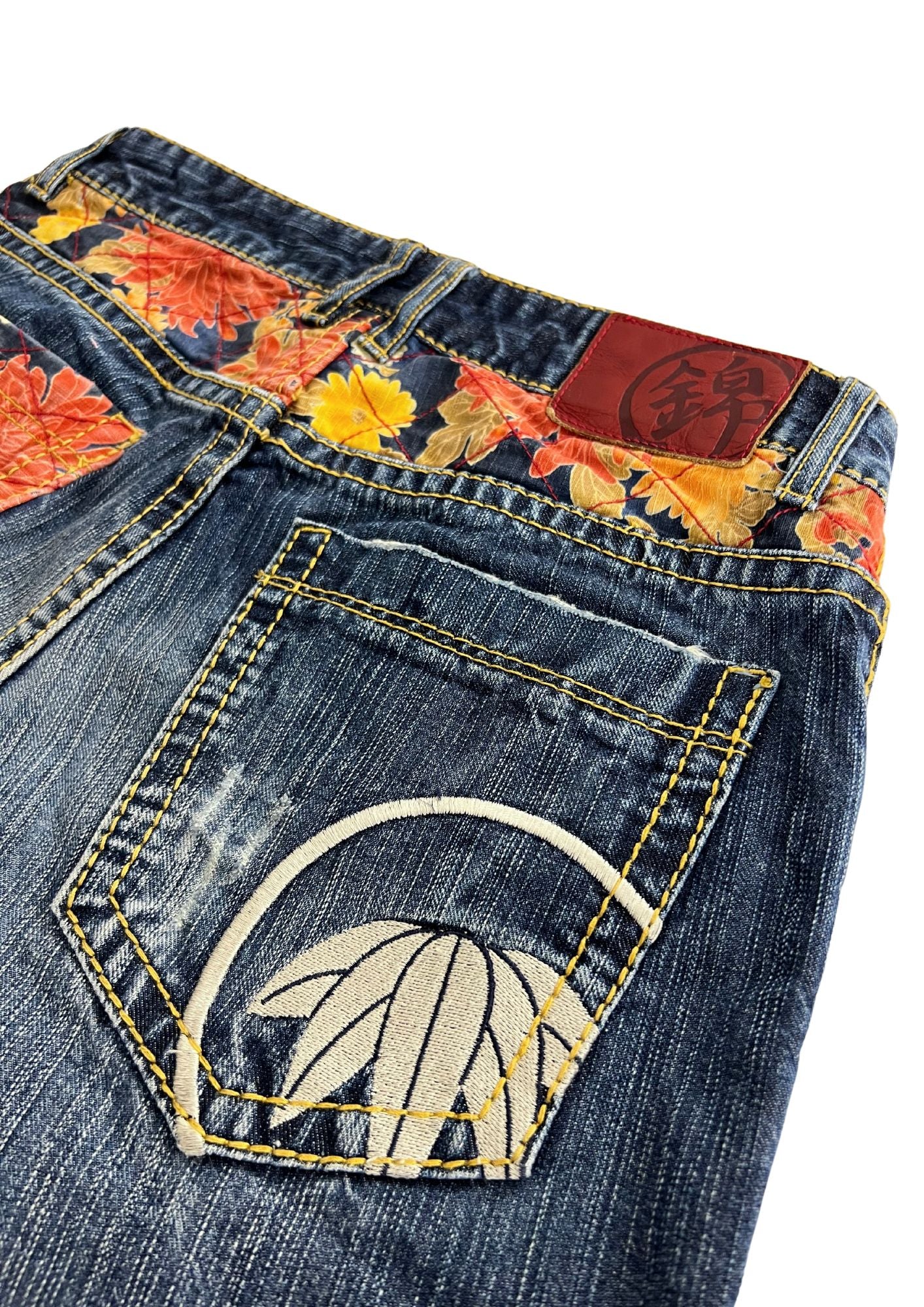 2010s Nishiki Japanese Embroidered Kimono Flower Denim Shorts