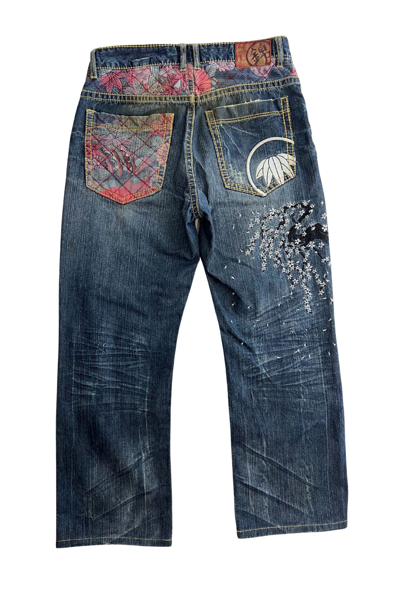 Vintage Nishiki Japanese Cherry Blossom Embroidered Denim Jeans