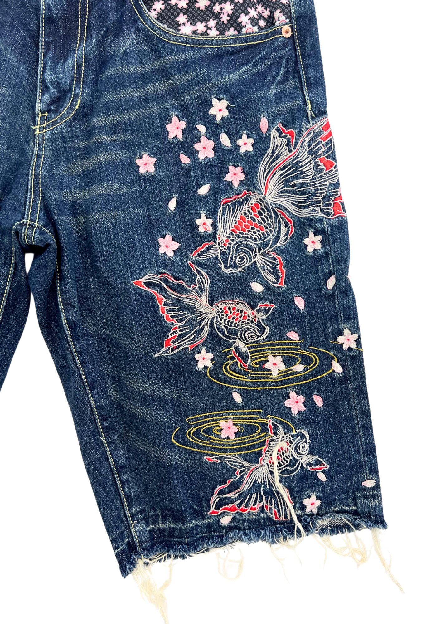 Vintage Budenshoten Japanese Cherry Blossom Goldfish Embroidered Denim Shorts
