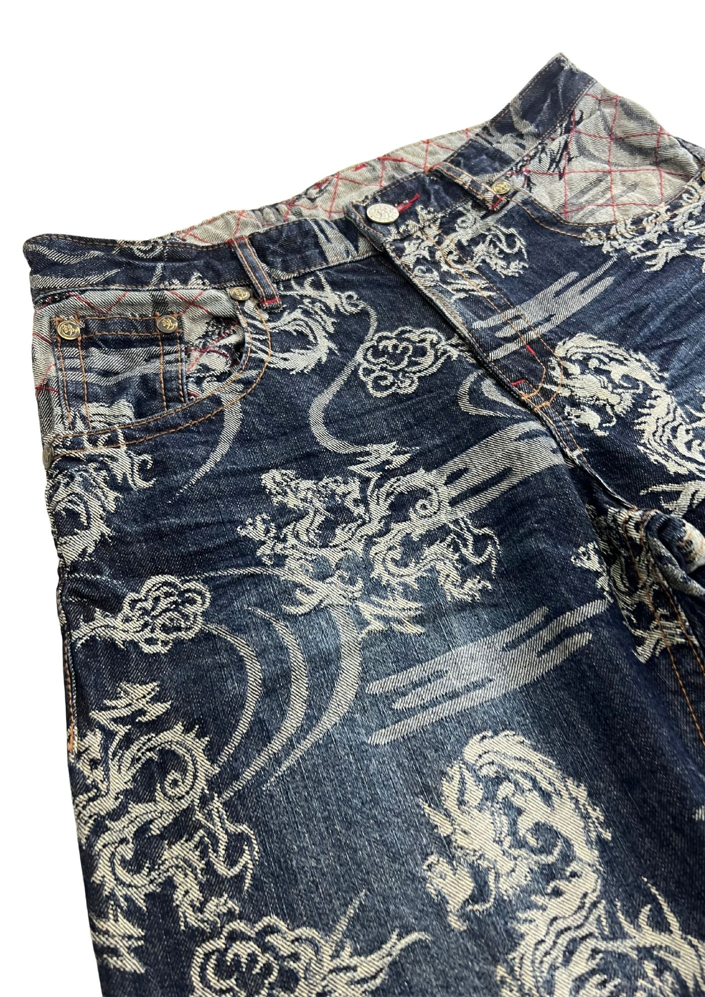 2010s Nishiki Japanese Dragon Embroidered Denim Shorts