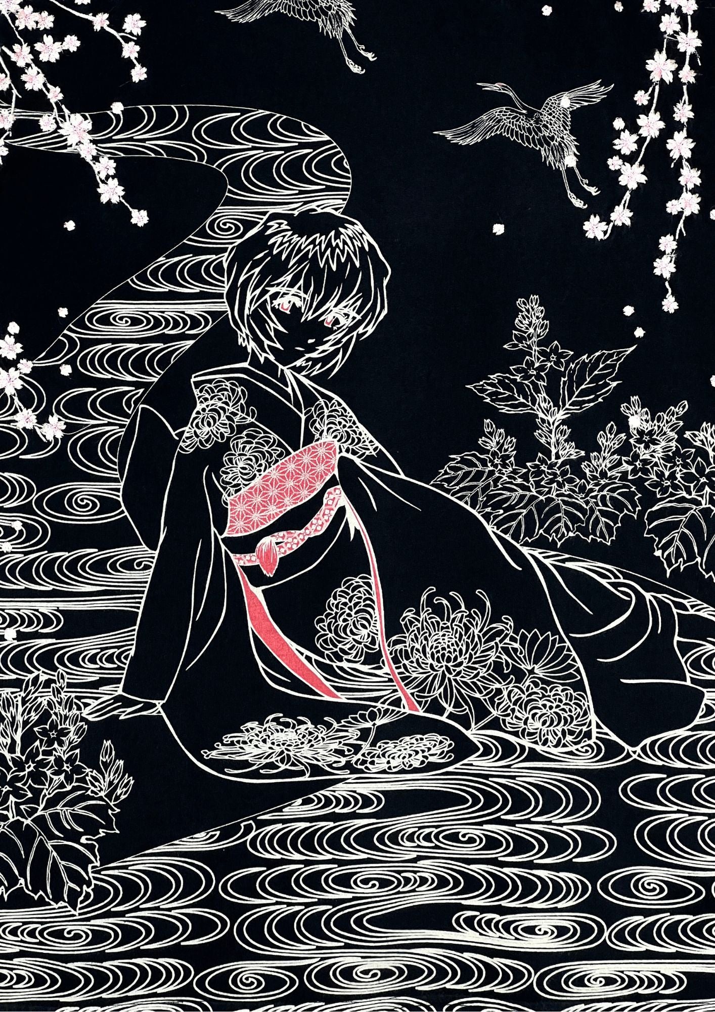 2010s Neon Genesis Evangelion x NISHIKI Rei Kimono Blossom Crane Embroidered L/S Shirt