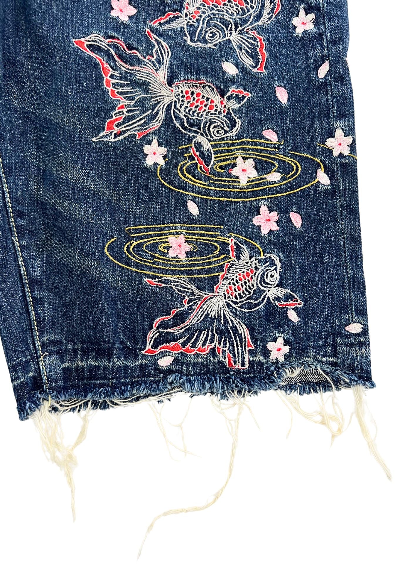 Vintage Budenshoten Japanese Cherry Blossom Goldfish Embroidered Denim Shorts