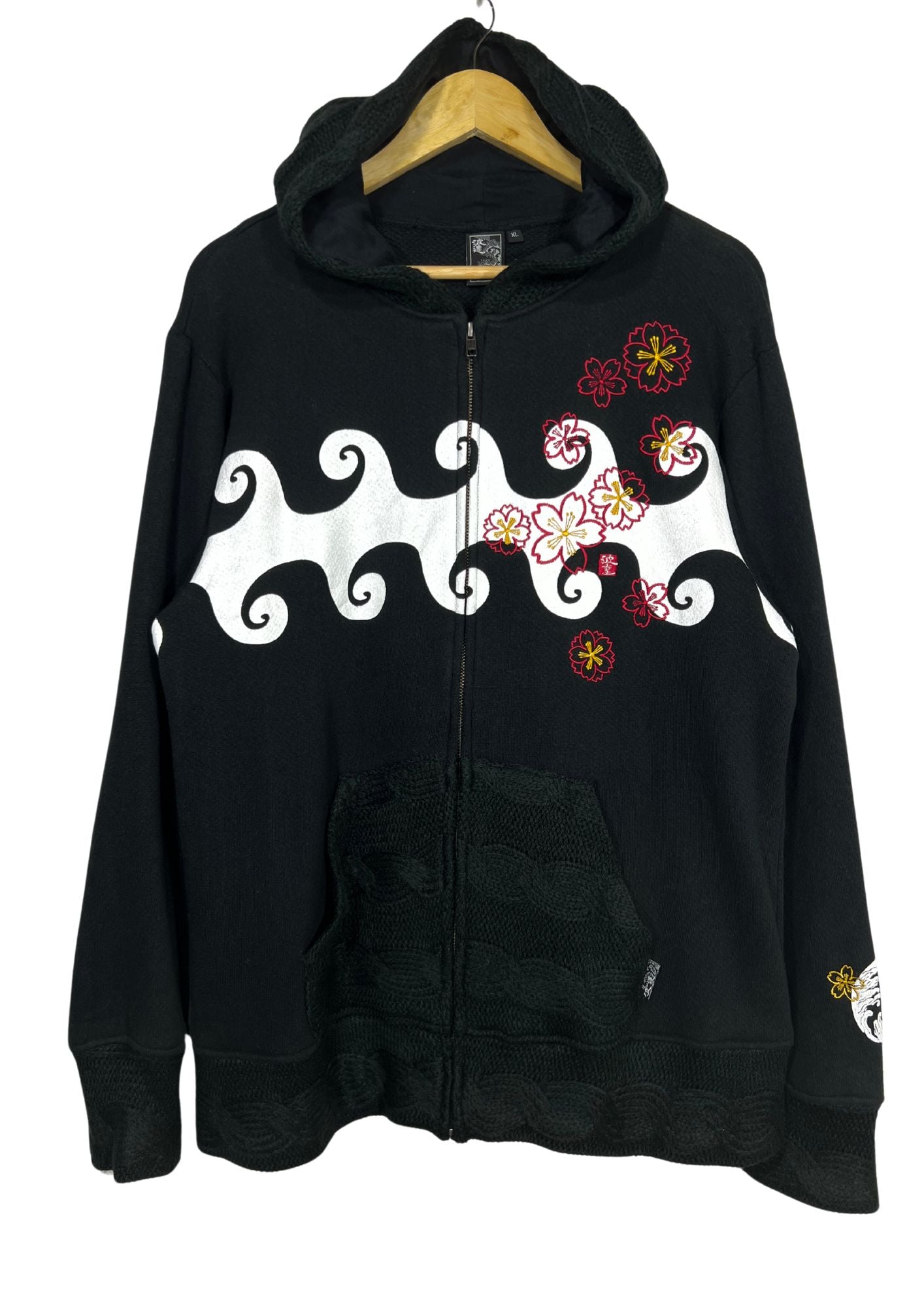 NAMITATSU 'Sakura Wave' Embroidered Knit Zip Up Hoodie