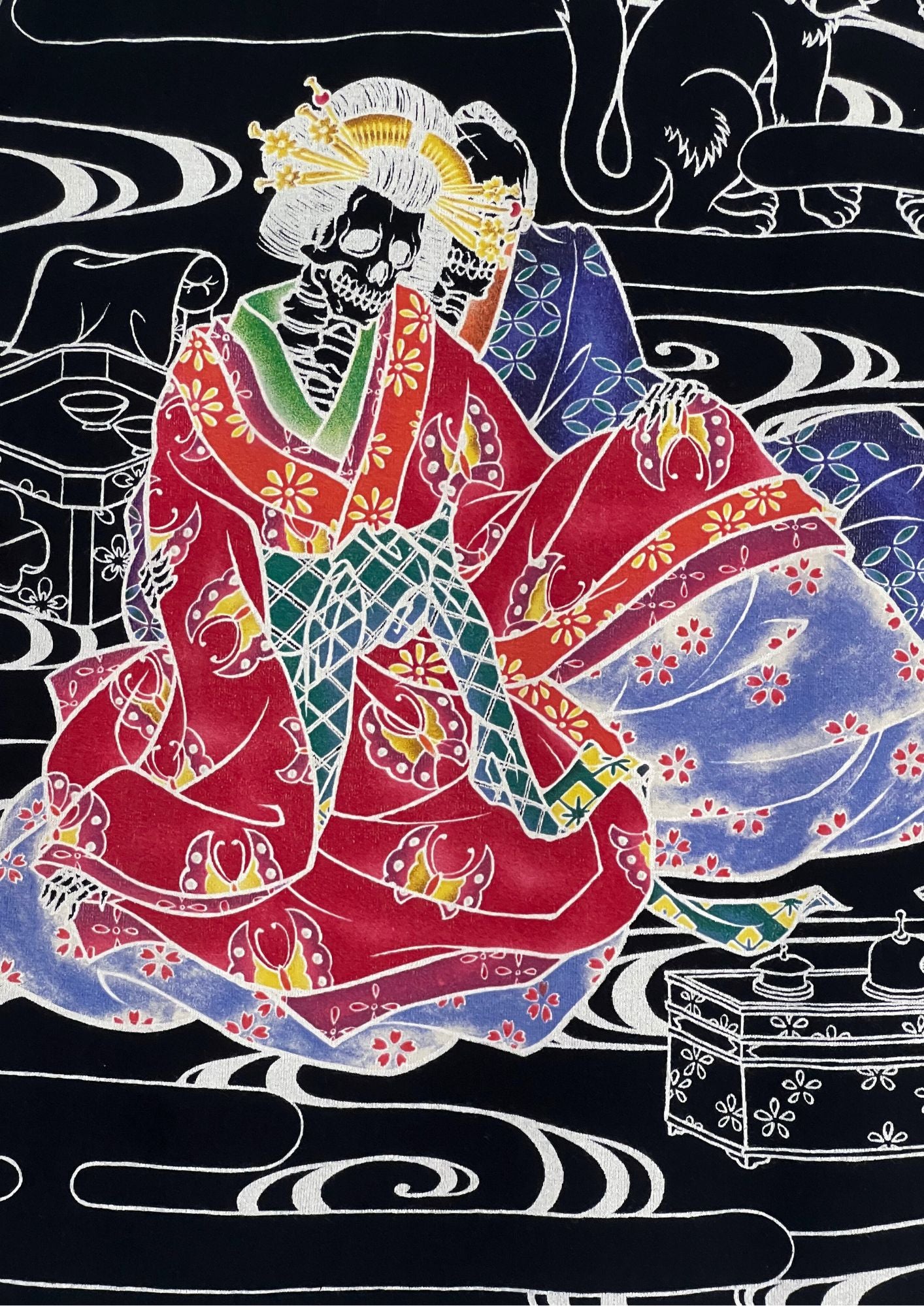 2000s CROPPED HEADS 'Skull Geisha' Japanese Art L/S Shirt (L-M)