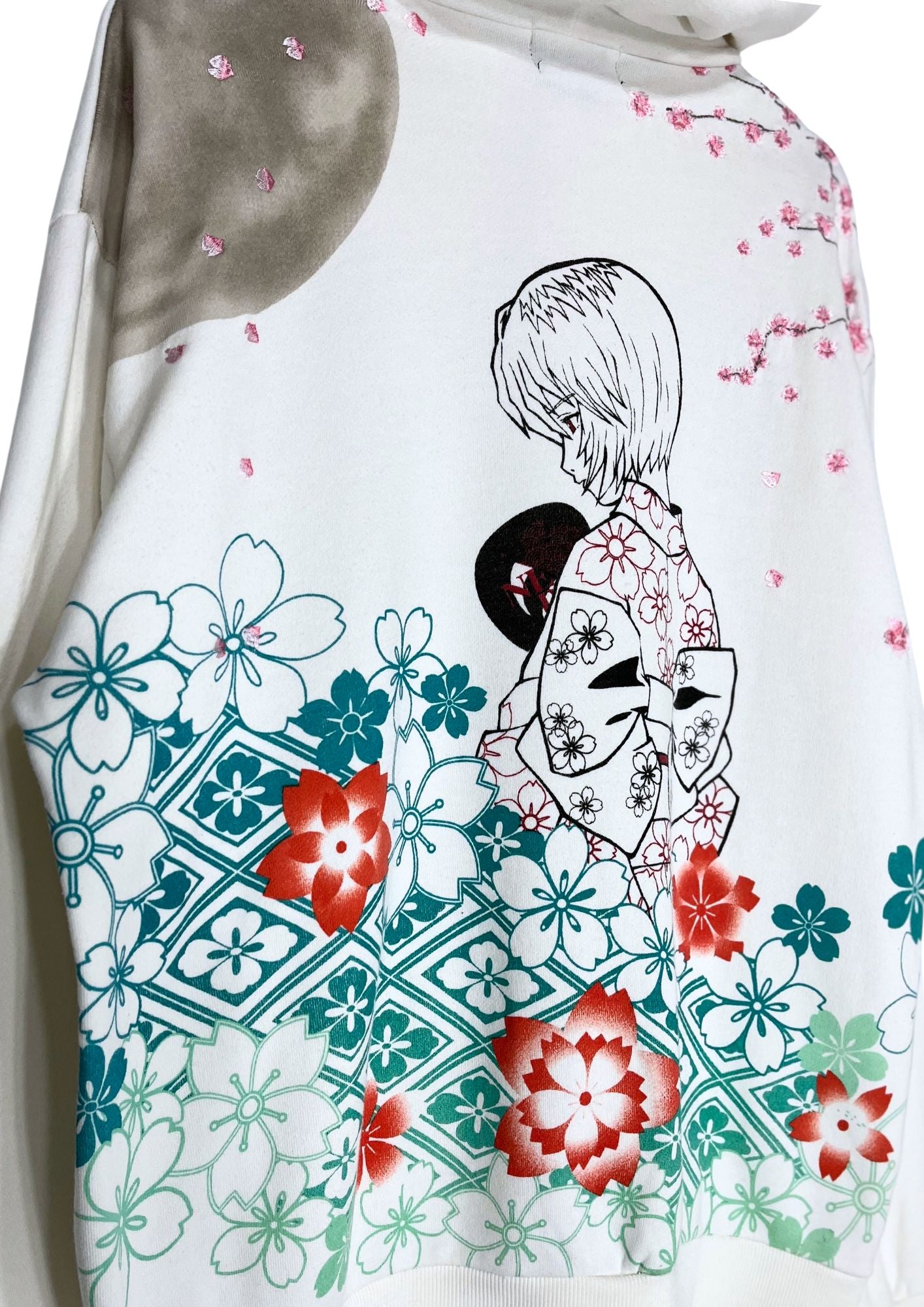 2010s Neon Genesis Evangelion x Nishiki Rei Ayanami Kimono Cherry Blossom Embroidered Hoodie