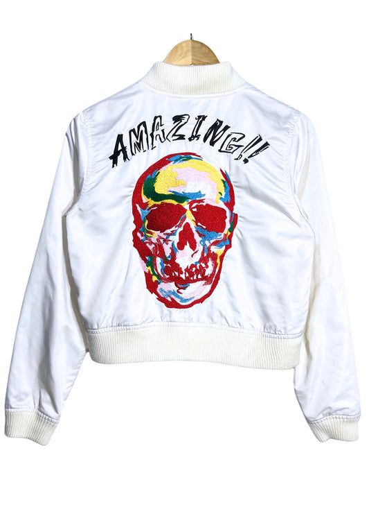 2000s Vintage GLAD NEWS 'Amazing!' Rainbow Skull Embroidered Cropped Jacket (Ladies M)