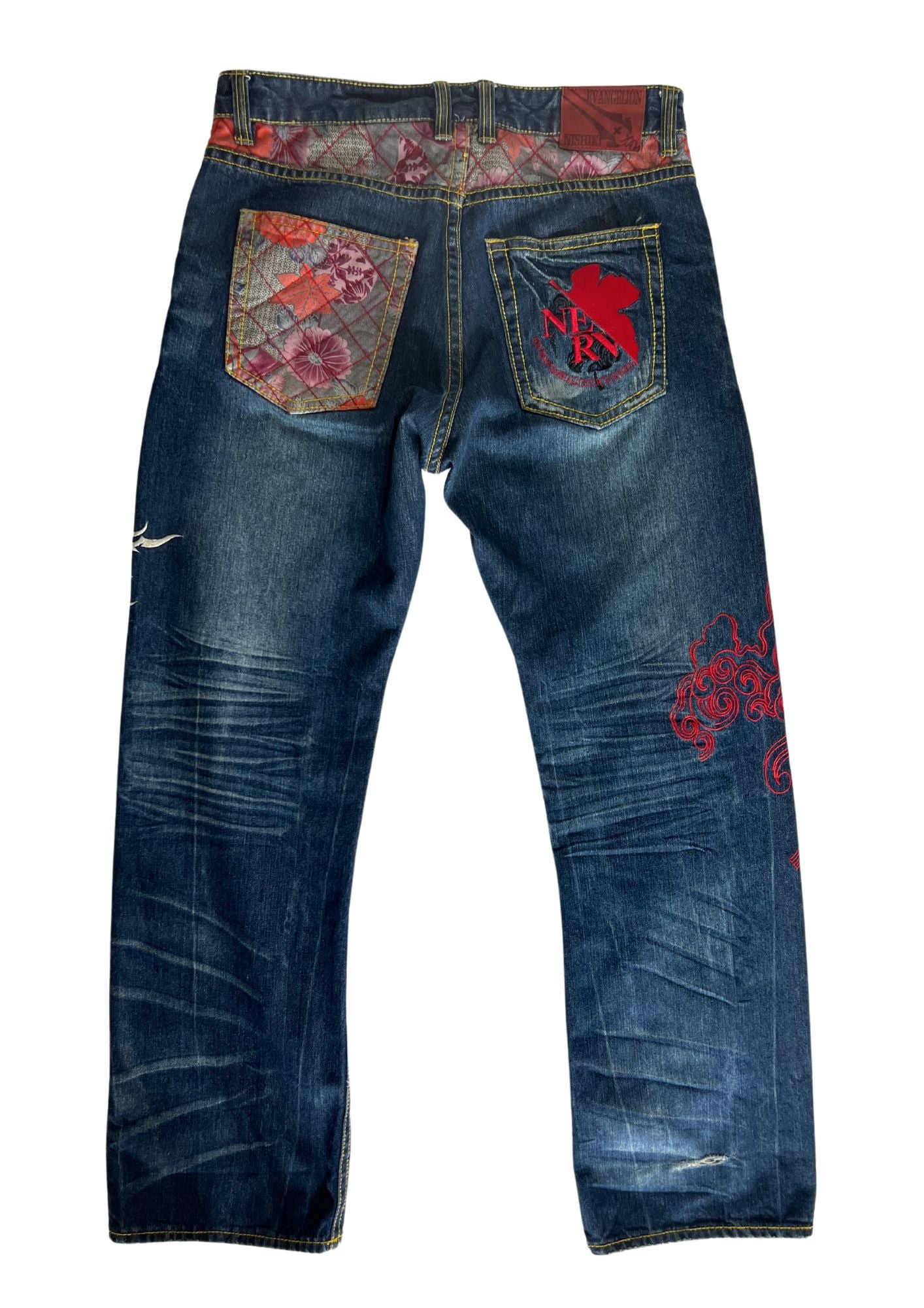 2000s Neon Genesis Evangelion x Nishiki Oriental Brand Type 01 Japanese Pattern Embroidered Jeans