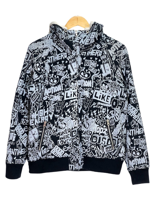 2000s WORLD WIDE LOVE Allover Print Zip-Up Hoodie (M)
