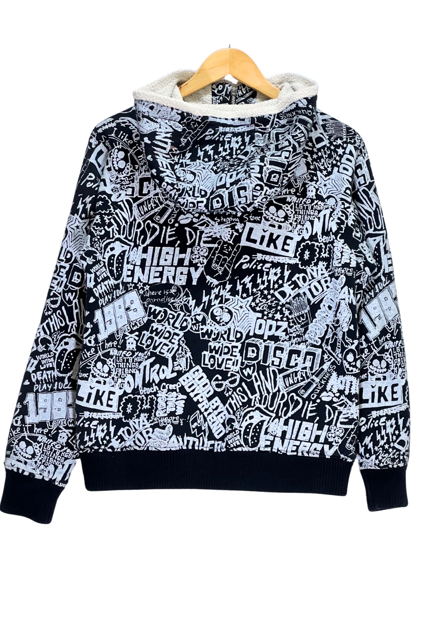 2000s WORLD WIDE LOVE Allover Print Zip-Up Hoodie (M)