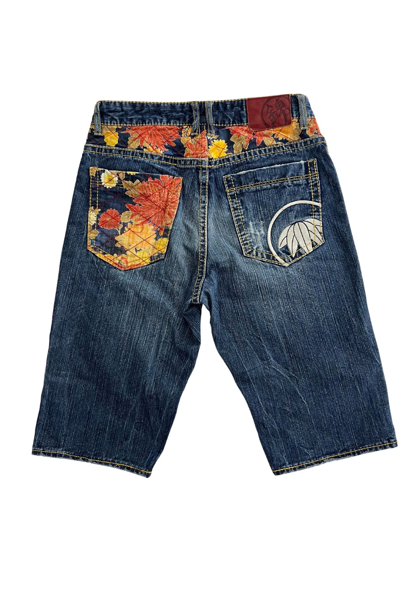 2010s Nishiki Japanese Embroidered Kimono Flower Denim Shorts