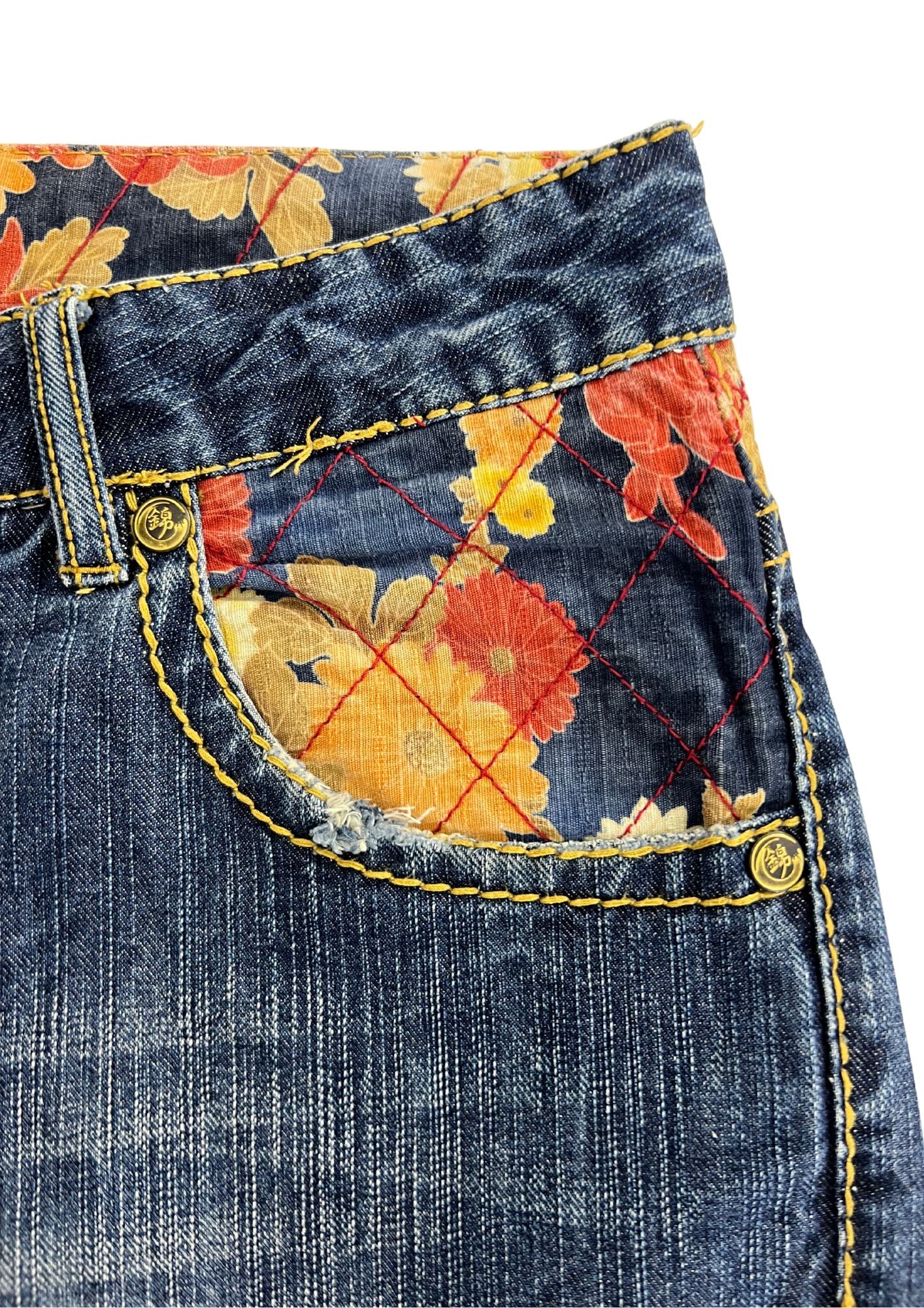 2010s Nishiki Japanese Embroidered Kimono Flower Denim Shorts