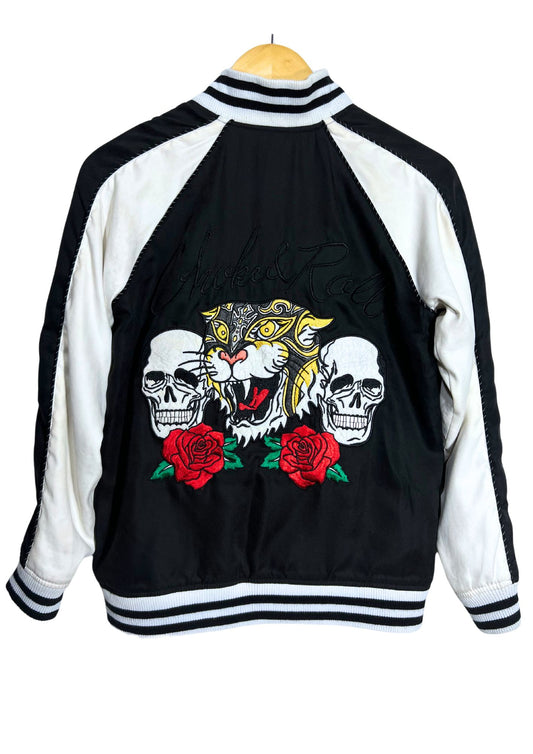 2000s Vintage GLAD NEWS 'Tiger Skulls and Rose' Reversible Embroidered Jacket (Ladies S-M)