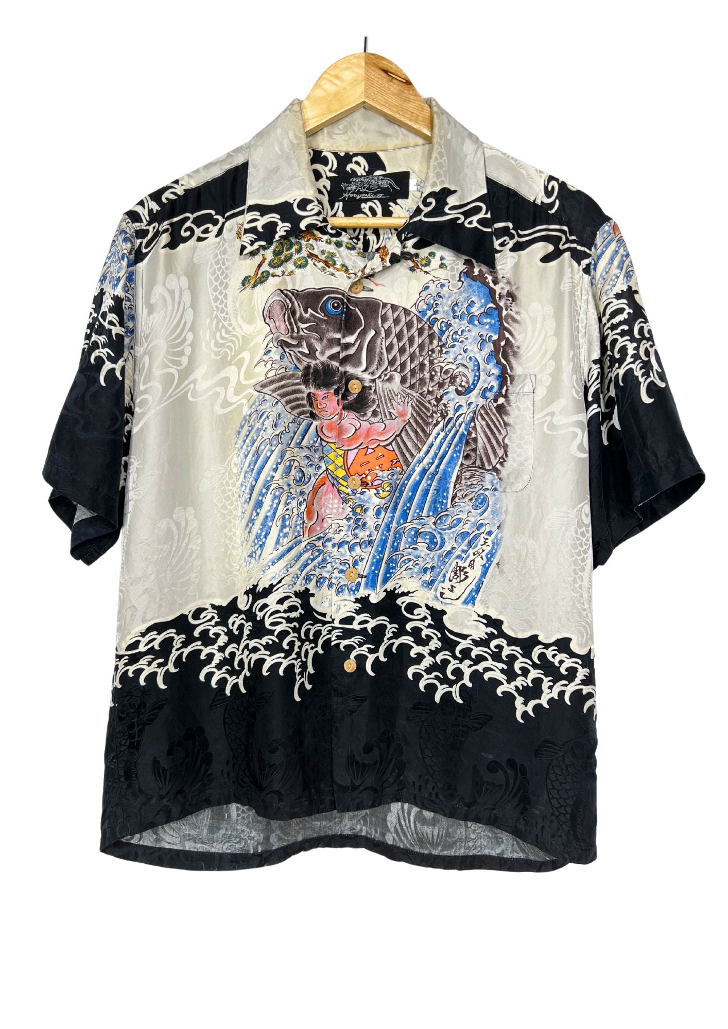 90s Horiyoshi III Kintaro and the Giant Carp Tattoo Art Silk Button-Up Shirts