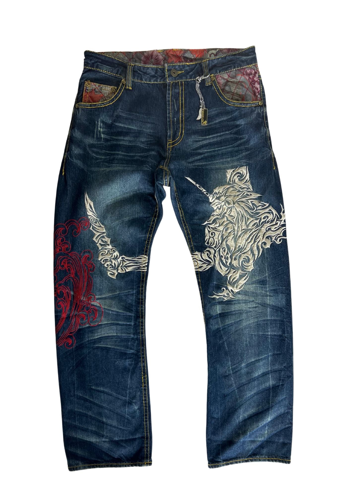 2000s Neon Genesis Evangelion x Nishiki Oriental Brand Type 01 Japanese Pattern Embroidered Jeans