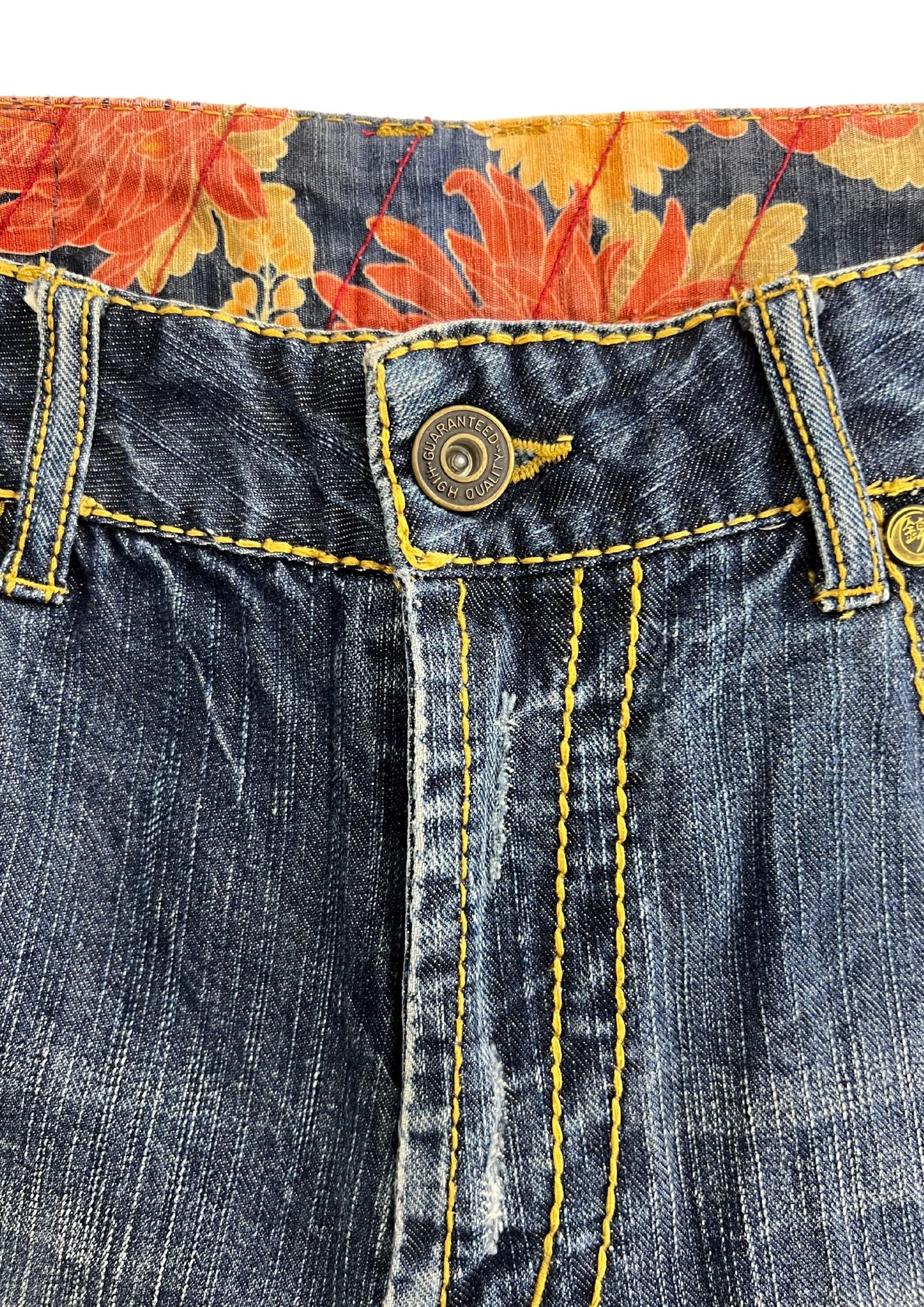 2010s Nishiki Japanese Embroidered Kimono Flower Denim Shorts