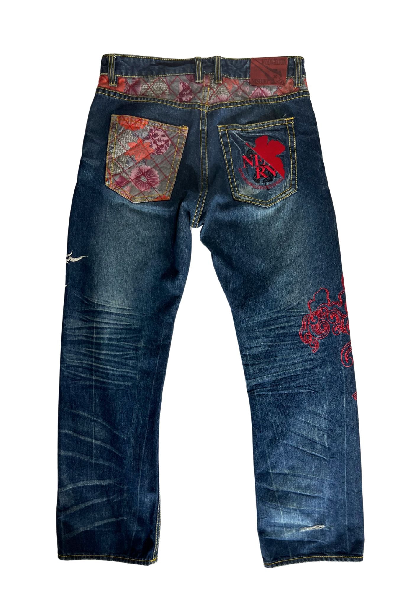 2000s Neon Genesis Evangelion x Nishiki Oriental Brand Type 01 Japanese Pattern Embroidered Jeans