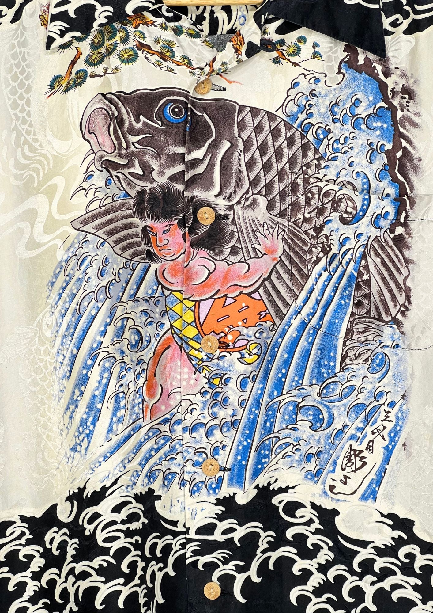 90s Horiyoshi III Kintaro and the Giant Carp Tattoo Art Silk Button-Up Shirts