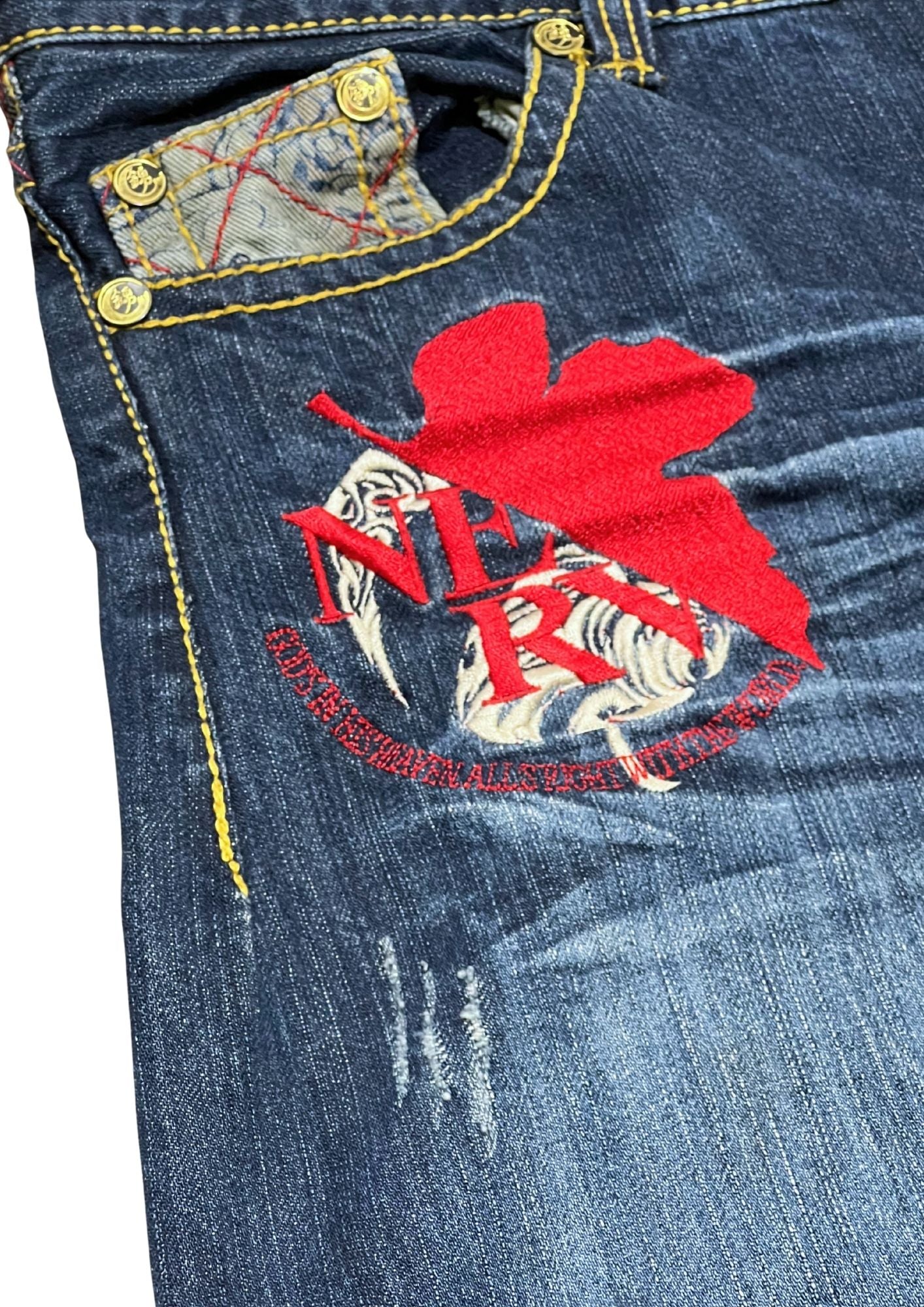 2010s Neon Genesis Evangelion x Nishiki Embroidered Lilith Half Denim Jeans (34”)