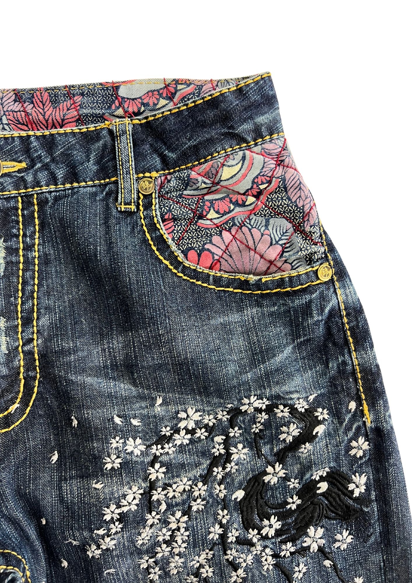 Vintage Nishiki Japanese Cherry Blossom Embroidered Denim Jeans