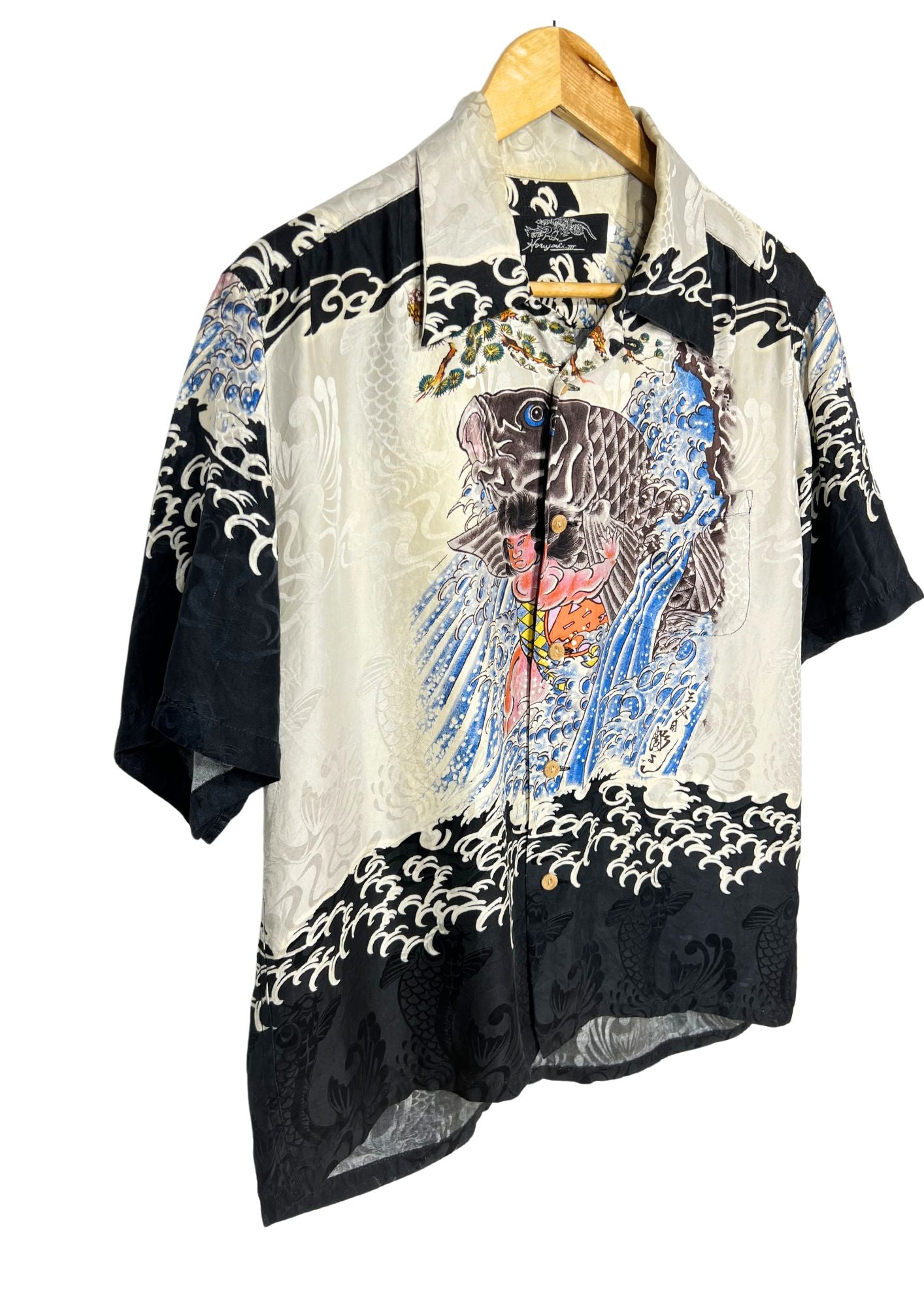 90s Horiyoshi III Kintaro and the Giant Carp Tattoo Art Silk Button-Up Shirts