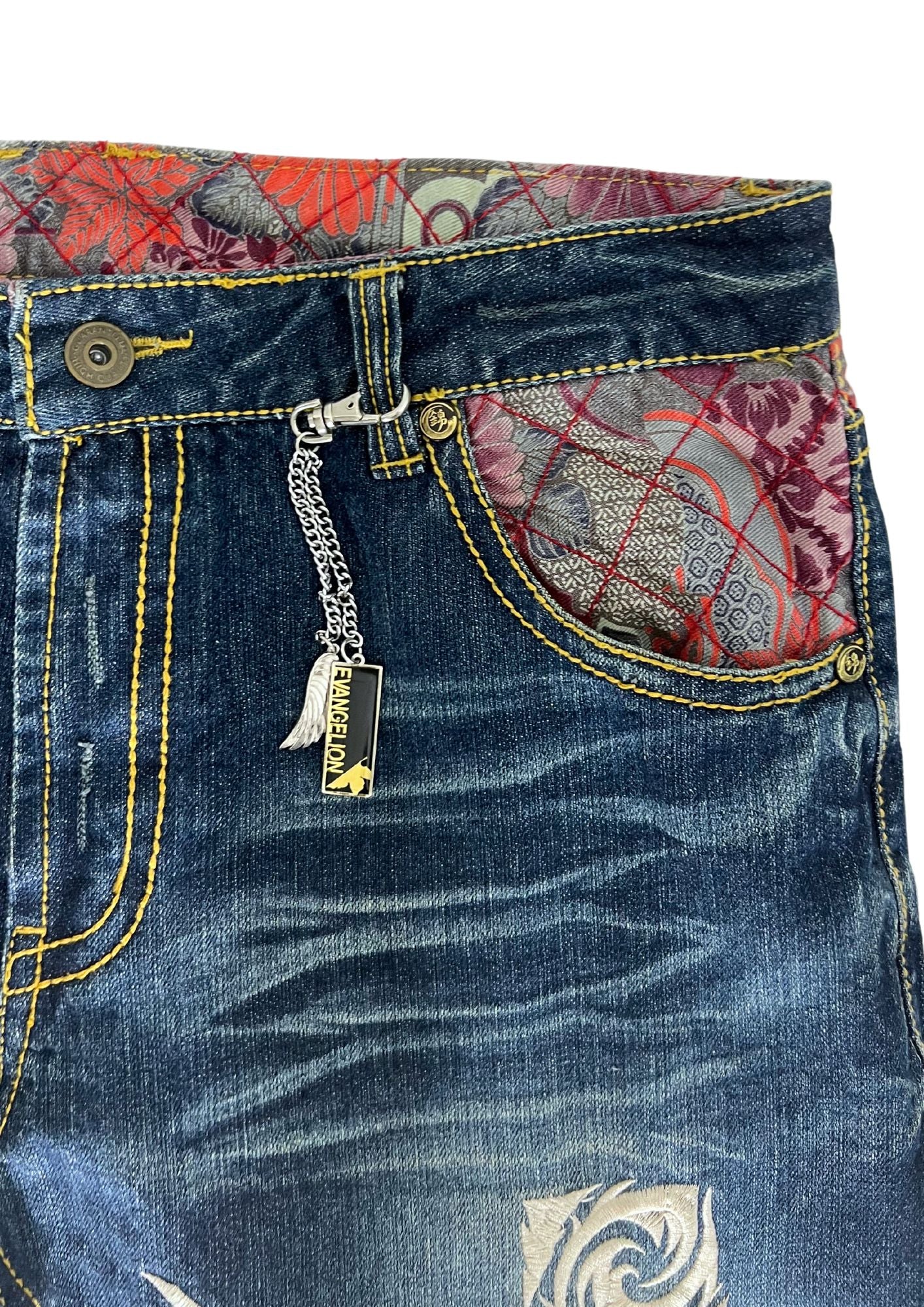 2000s Neon Genesis Evangelion x Nishiki Oriental Brand Type 01 Japanese Pattern Embroidered Jeans