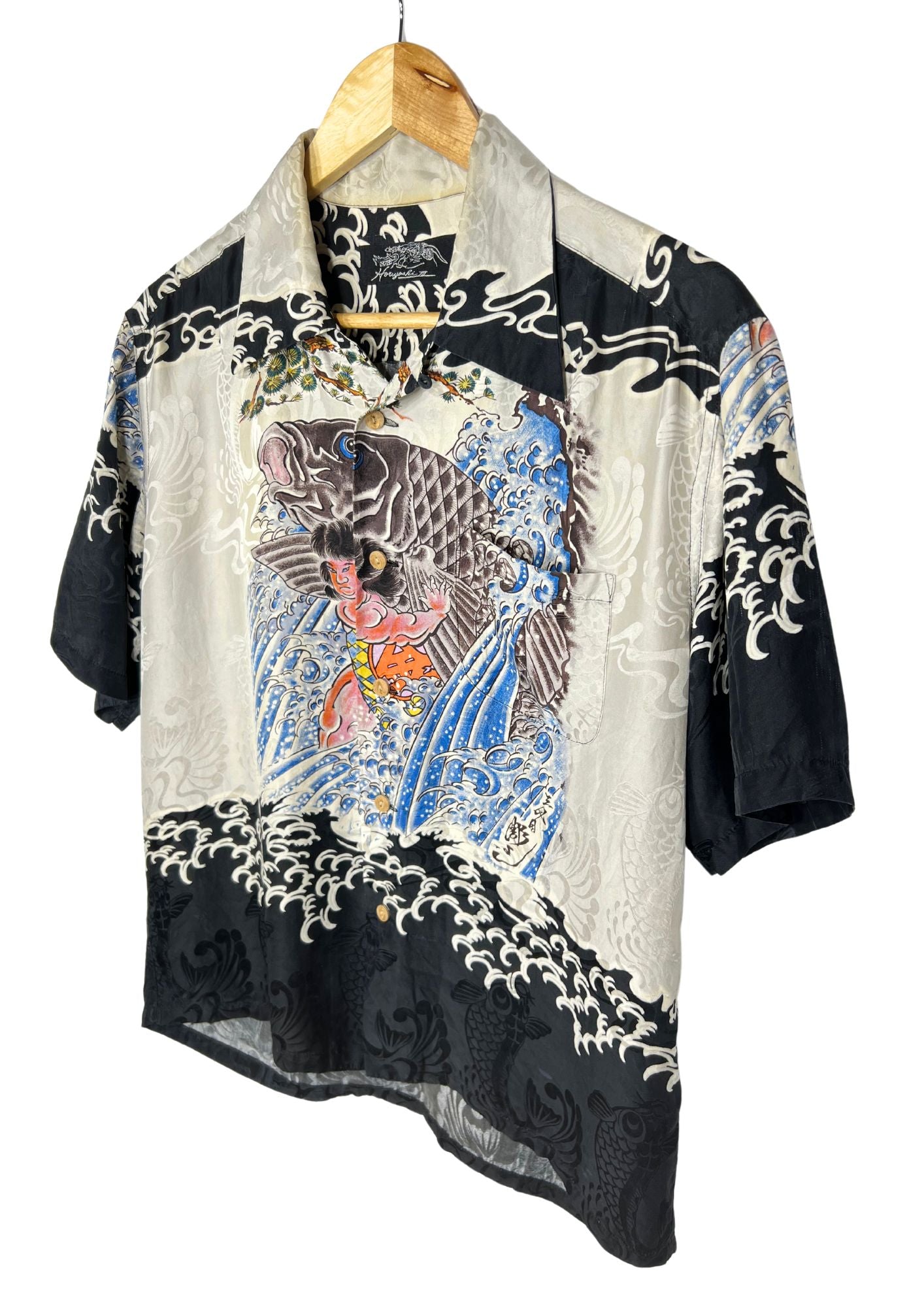 90s Horiyoshi III Kintaro and the Giant Carp Tattoo Art Silk Button-Up Shirts