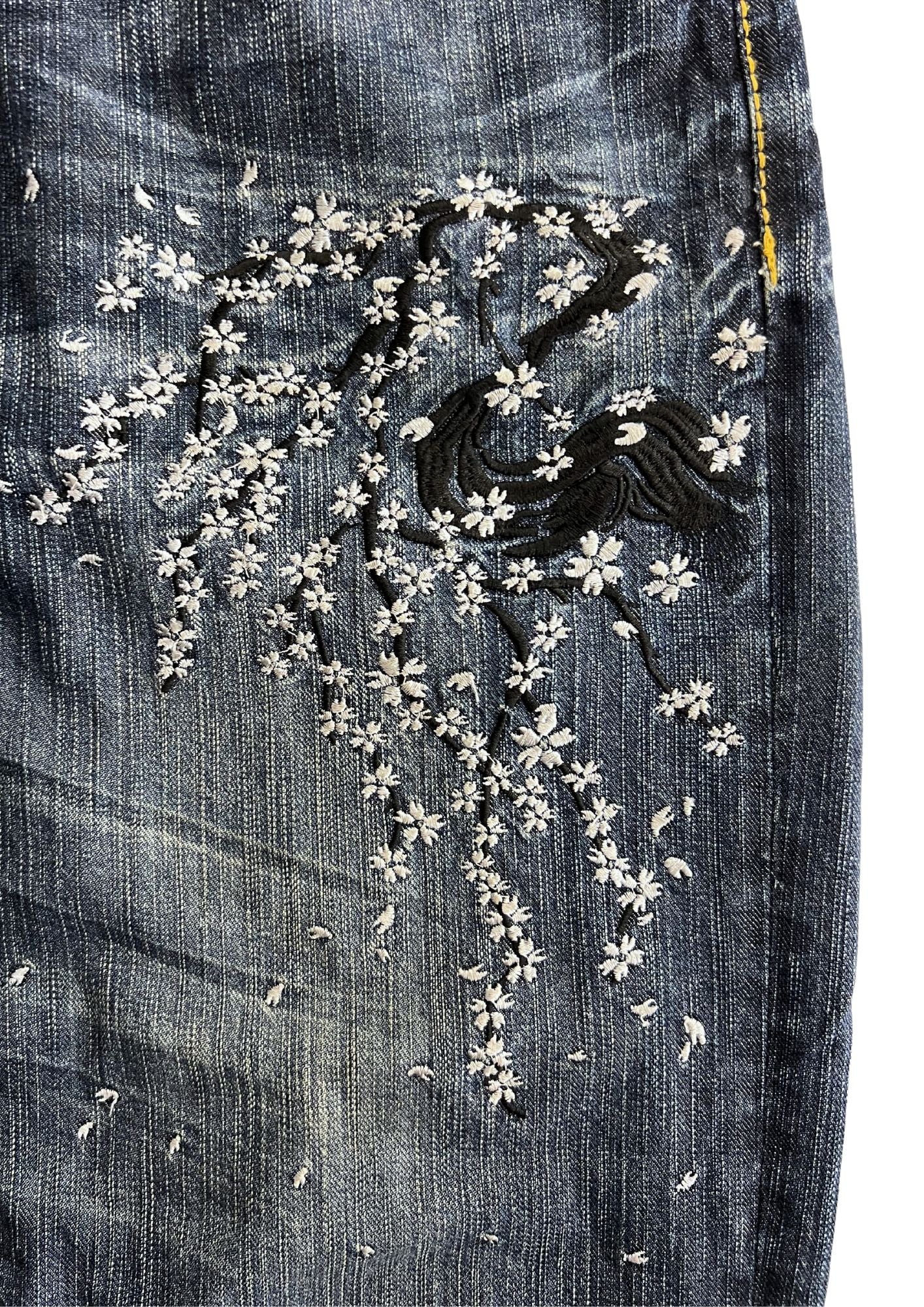 Vintage Nishiki Japanese Cherry Blossom Embroidered Denim Jeans