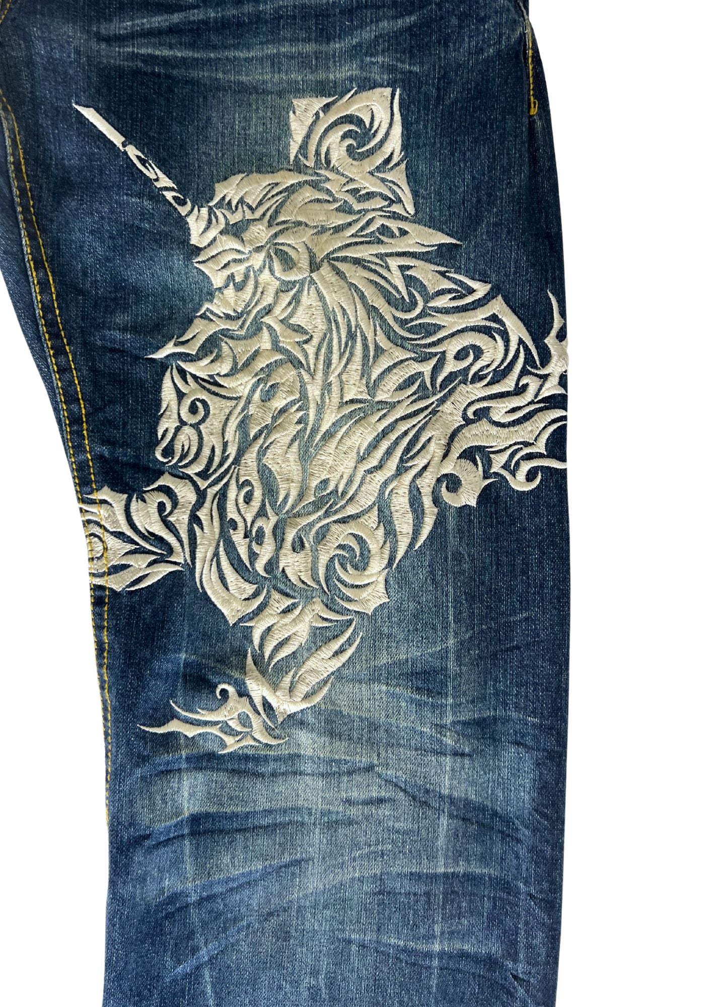 2000s Neon Genesis Evangelion x Nishiki Oriental Brand Type 01 Japanese Pattern Embroidered Jeans