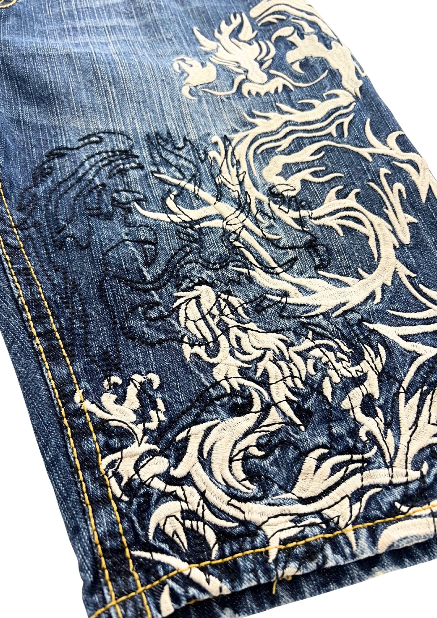 2010s Nishiki Japanese Dragon Embroidered Denim Shorts