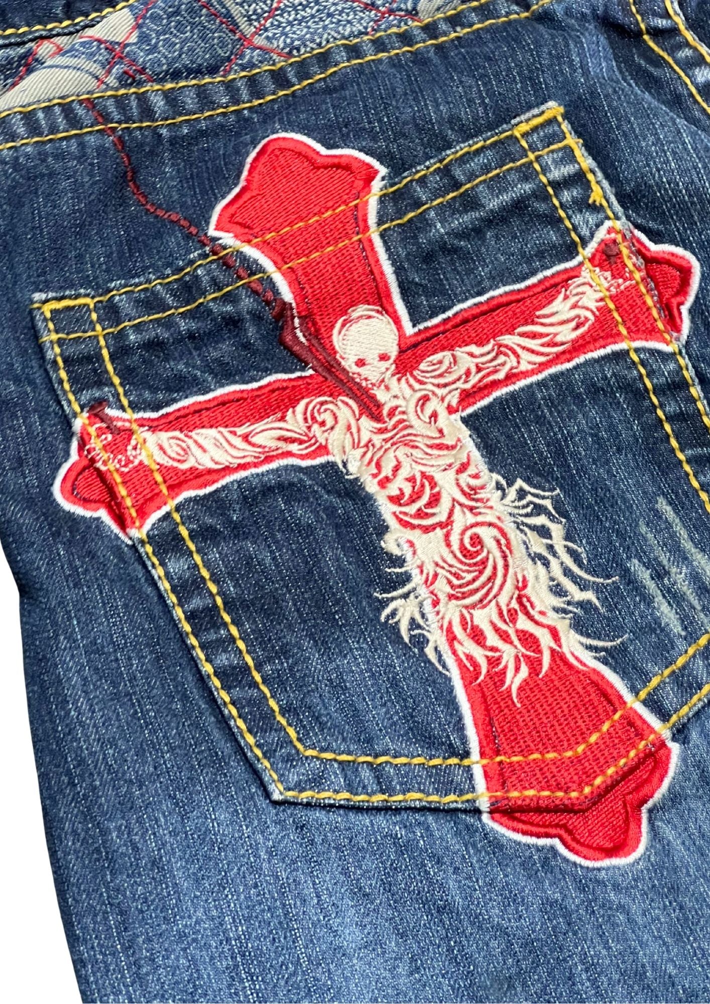2010s Neon Genesis Evangelion x Nishiki Embroidered Lilith Half Denim Jeans (34”)