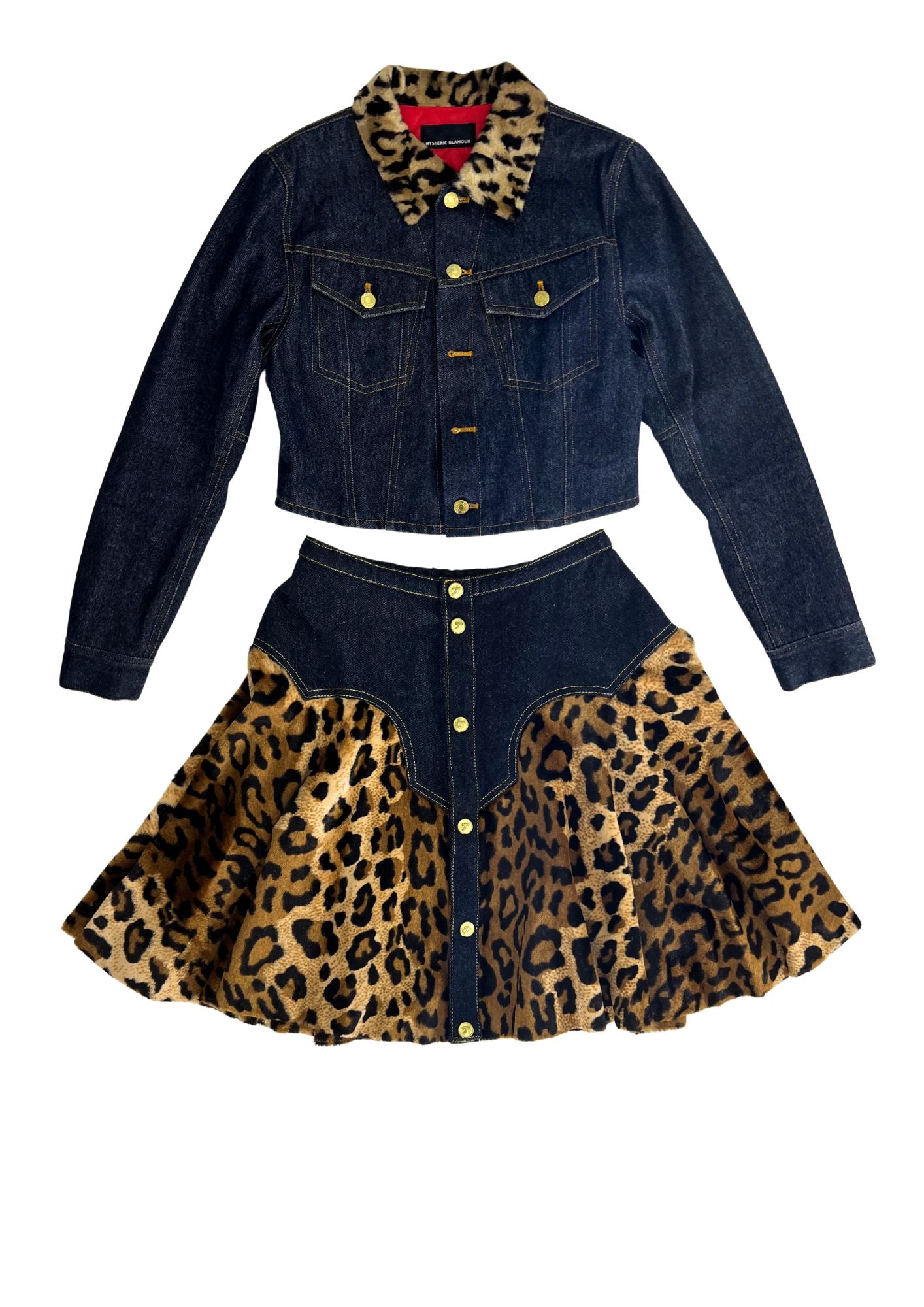 90s Vintage HYSTERIC GLAMOUR Leopard Print Denim Jacket Skirt Setup