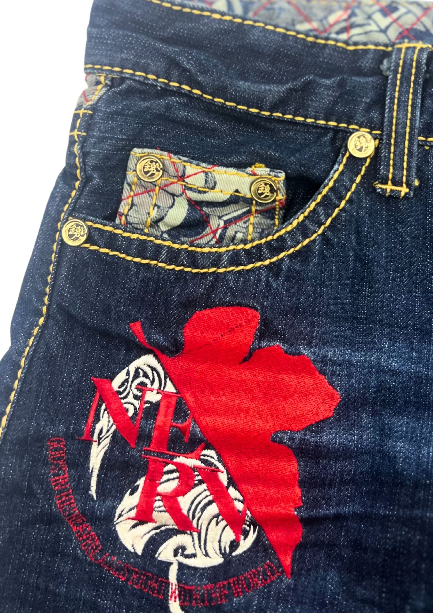 2010s Neon Genesis Evangelion x Nishiki Embroidered Lilith Half Denim Jeans