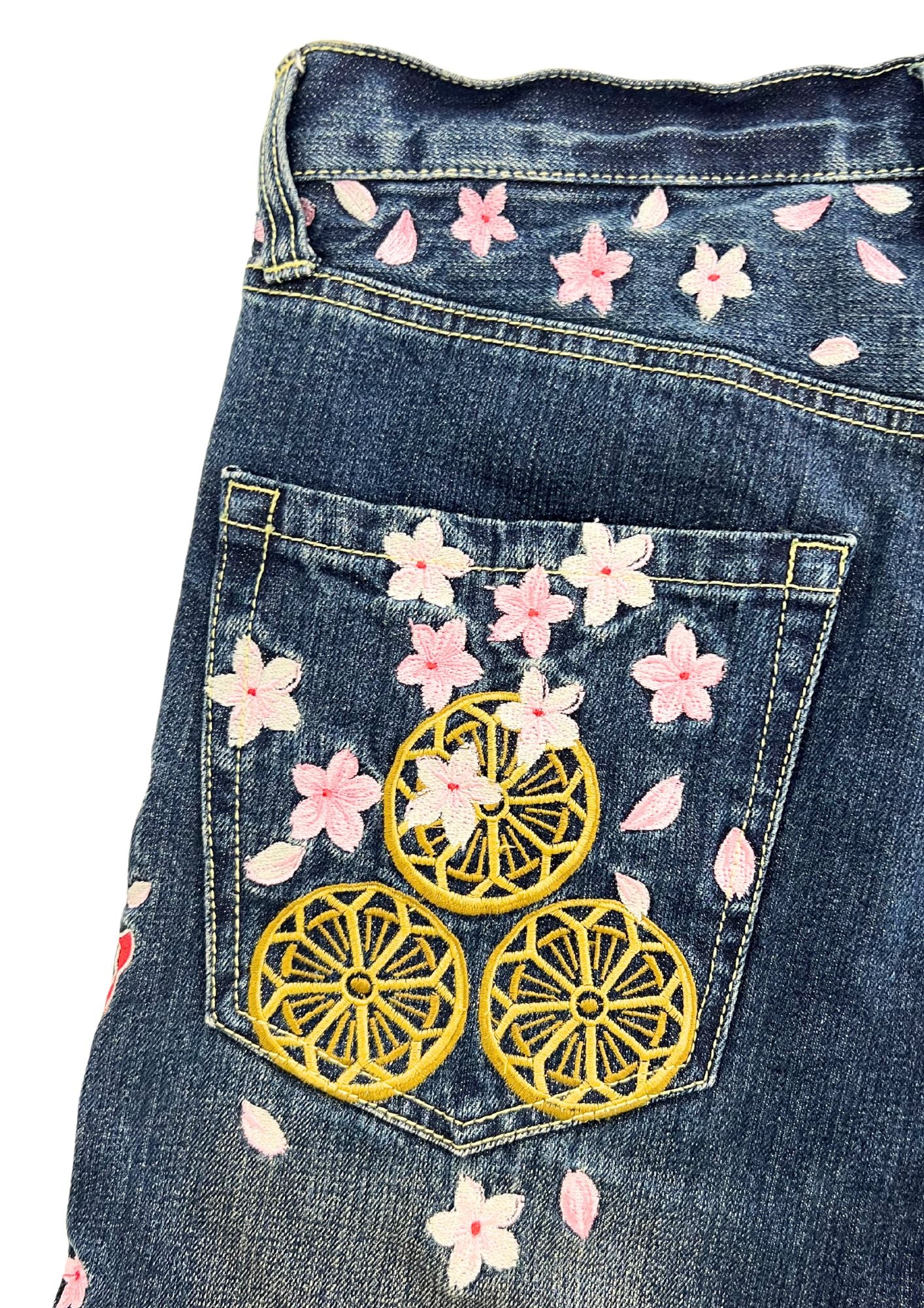 Vintage Budenshoten Japanese Cherry Blossom Goldfish Embroidered Denim Shorts