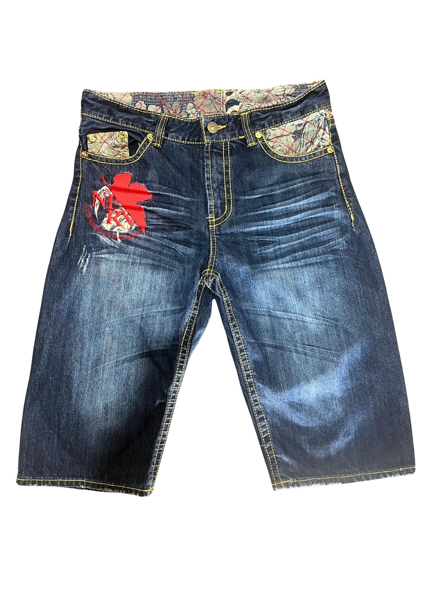 2010s Neon Genesis Evangelion x Nishiki Embroidered Lilith Half Denim Jeans (34”)